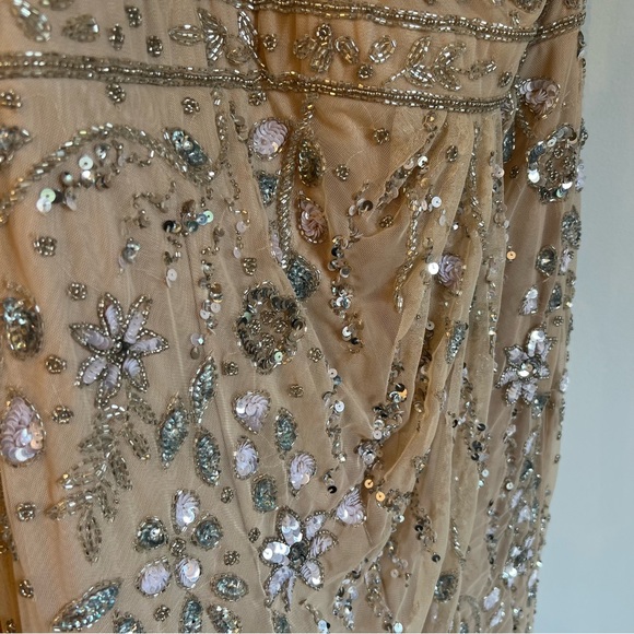 Mac Duggal Embellished One Shoulder Draped Maxi Gown Nude & Silver | Size 8 - Picture 8 of 16